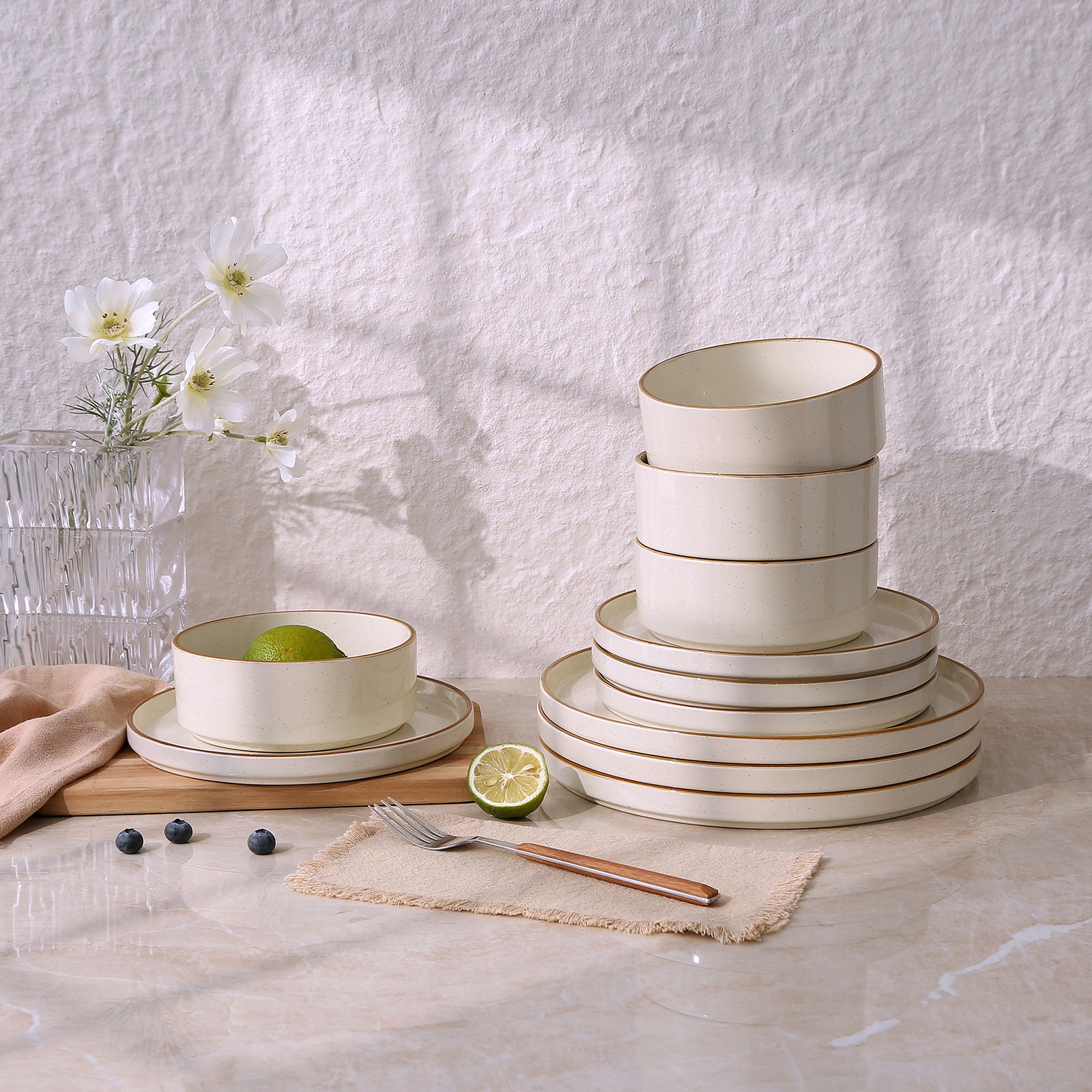 Stoneware Dinnerware Set, Vanilla White with Brown Rim