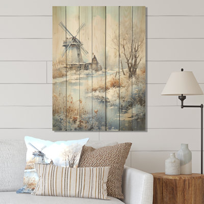 Snowy Windmill Winter Landscape II - Windmills On Wood Print