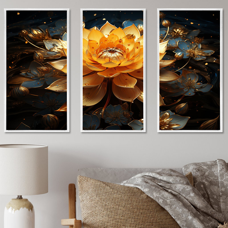 Golden Lotus Tranquility II - lotus, art mural sur toile, H 40 po x l 60 po x P 1 po, Cadre flottant blanc