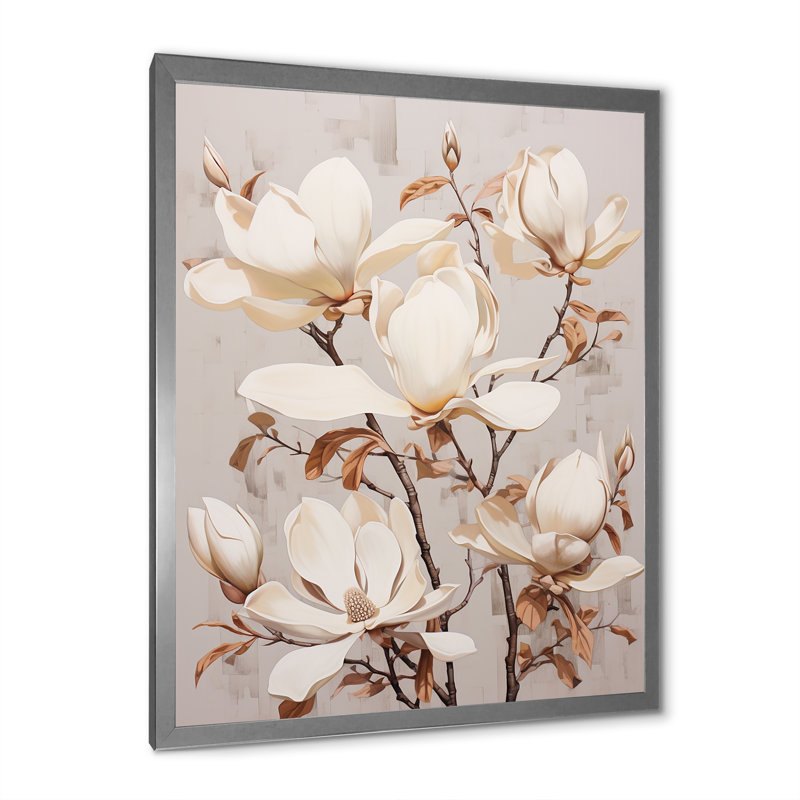 «Magnolias Dreamy Beige» sur toile, Cadre simple argenté, H 20 po x l 12 po x P 1 po