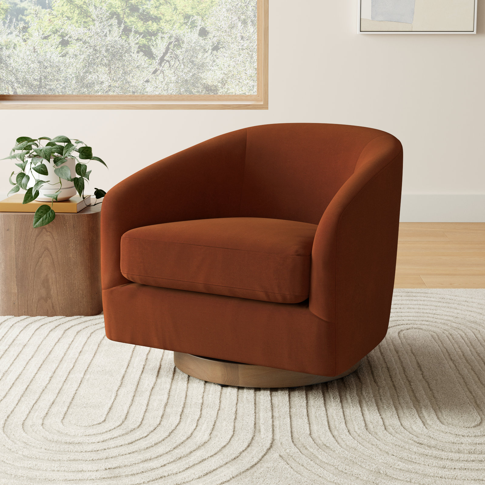 Bennett Linen Swivel Barrel Chair, Bella Burnt Orange Performance Velvet
