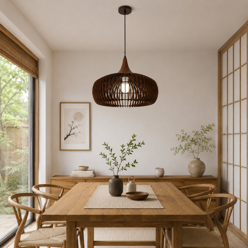 Mid-Century Modern Walnut Pendant Light with Open Slat Shade