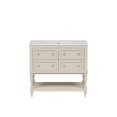 Ensemble de meuble-lavabo 36 po avec ensemble de meuble-lavabo, lavabo en céramique encastré, ensemble de meuble-lavabo autoportant avec 4 tiroirs, armoire de salle de bain à cadre en bois, beige