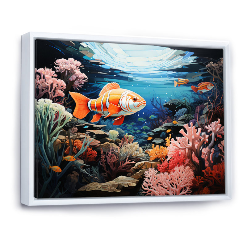 «Underwater Coral Reef Profondeurs V», reproduction sur toile, H 24 po x l 32 po x P 1 po, Cadre flottant blanc