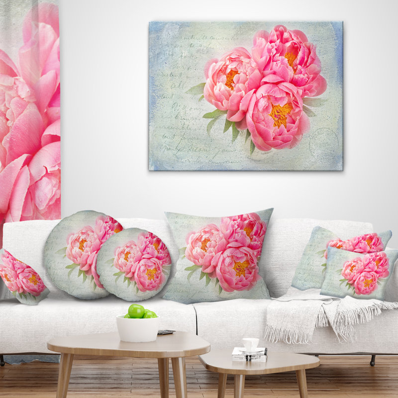 Coussin floral fleurs pivoine, 18 po x 18 po, Coussin décoratif