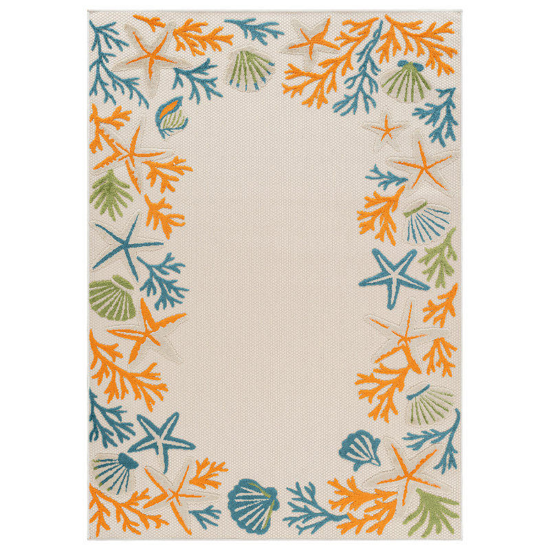 Coastal Border Ivory/Multi Indoor/Outdoor High-Low Area Rug, Multi, Rectangle 7'10" x 10'