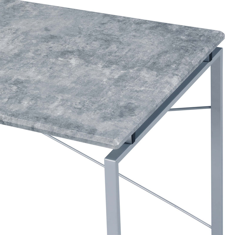 Jurgen Faux Concrete & Silver Finish Writing Desk, Industrial Style With Metal Sled Base For Modern Workspaces, Gray/Silver