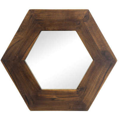 18.5"X18.5" Hexagonal Mirror With Fine Solid Wood Edge, Hallway Living Room Decoration, Dark Brown Hexagon Quality Backing, Bathroom Accessory, 18.5"X18.5