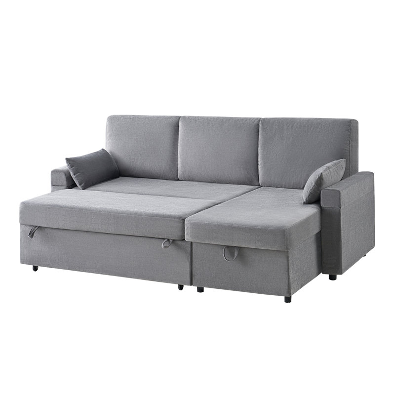 Jilisa 91" Modern 3-Seater Pull Out Sofa Bed - L Shaped Sofa Couch with Storage Chaise, Gray Chenile