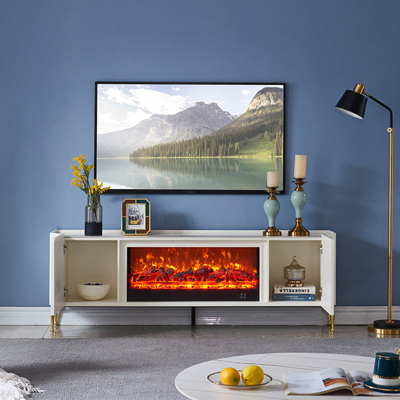 Meuble télé contemporain avec foyer électrique et nervures blanches Contemporary
