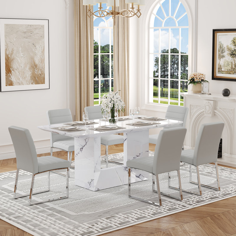 63" Faux Marble Dining Table Set with Faux Leather Chairs, Set for 4 or 6, 7 Pieces: Table, 6 Chairs, Gray