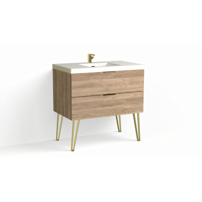 Avila 36" W Freestanding Single Bathroom Vanity with Dawson Leg, Matte White/Single, Charred, Satin Brass