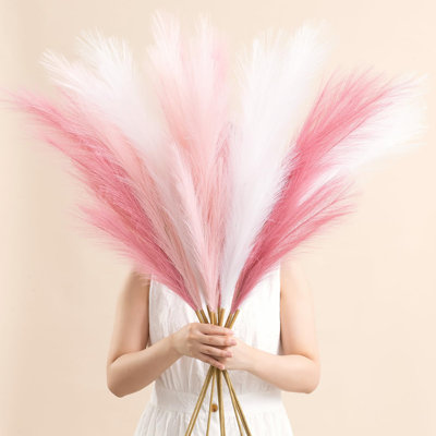 9 Pcs 45" Artificial Pampas Grass Stems - Pink & White Fluffy Faux Dried Pampas | Tall Light Pink Bouquet for Vase Filler