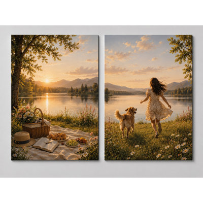 Très grand ensemble de 2 impressions sur toile dorées au lac pique-nique sur toile Peaceful Countryside Nature Decor pour salon chambre bureau 24 x 36 pouces