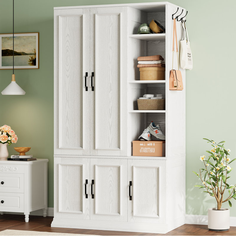 5-Door Wooden Wardrobe With Hanging Poles & 4 Open Storage Shelves, 70” Armoire For Hanging Clothes, White