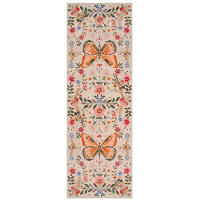 Butterfly Floral Kitchen Runner Rug For Hallway, 18"X60" Ultra Thin Washable Runner Rug, Non Slip Boho Insect Carpet Runners Runners For Drom Bedside Laundry,Beige/Pink