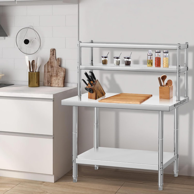 Table de travail robuste en acier inoxydable avec tablettes, table de préparation de cuisine commerciale 36 po x 24 po pour la maison, le restaurant, le garage ou un usage industriel