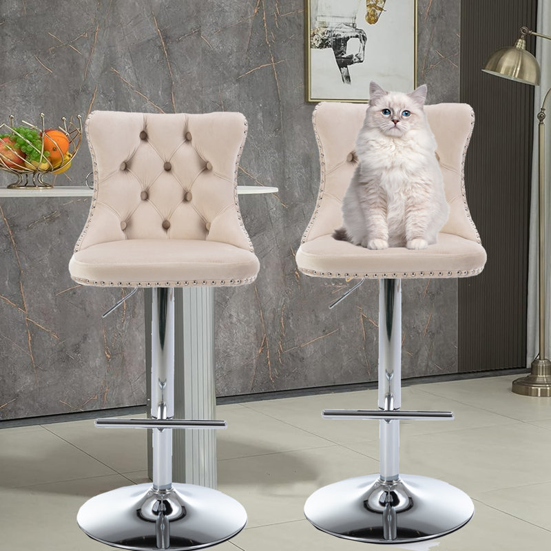 Kieston Swivel Upholstered Adjustable Height Counter Stool, Silver, Beige