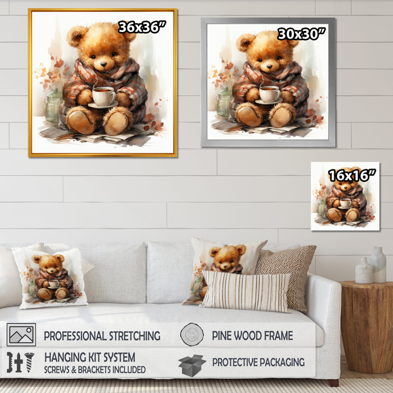 Hiver chambre de bébé ours en peluche III - art mural ours en peluche, Cadre simple noir, H 30 po x l 30 po x P 1,5 po