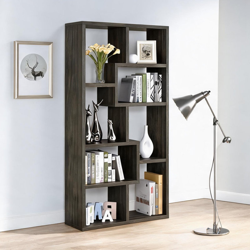 Bibliothèque de rangement pour salon avec structure géométrique à 8 étagères, meuble vitrine de 180 cm (70,75 pouces) fini gris