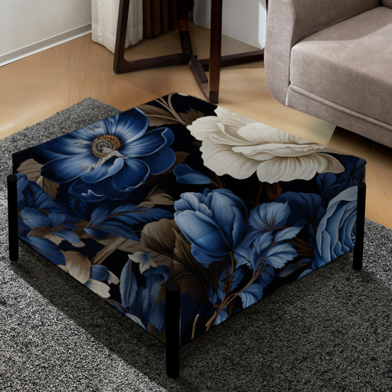 Grand repose-pieds carré bleu à motif floral victorien III