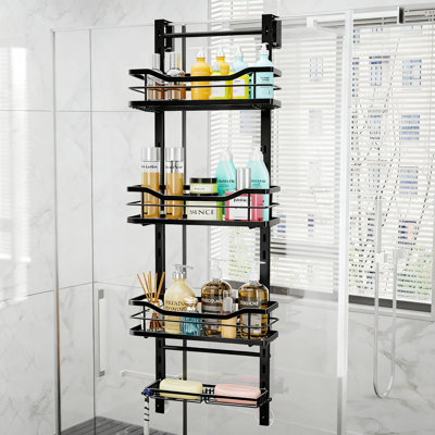 Over-the-Door Shower Caddy, Adjustable Hanging Organizer with Soap Holder, 4-Tier, (Black)