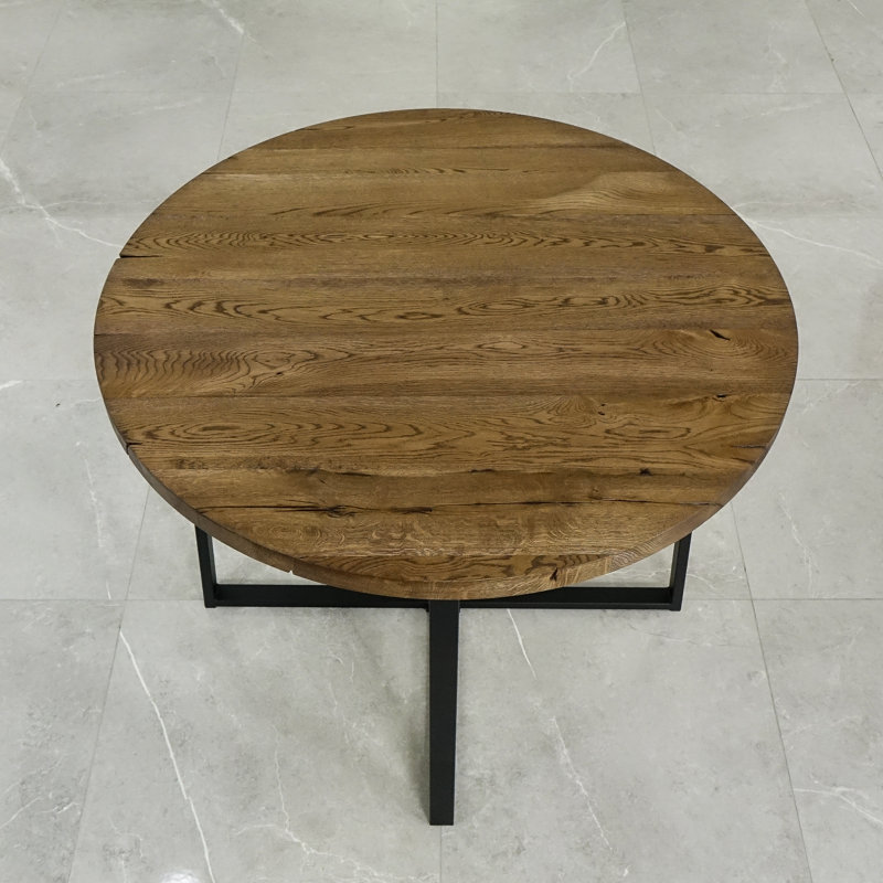 Mardiros Oak Round Solid Wood Top Metal Base Dining Table, Brown Oil, 76cm H x 120cm L x 120cm W