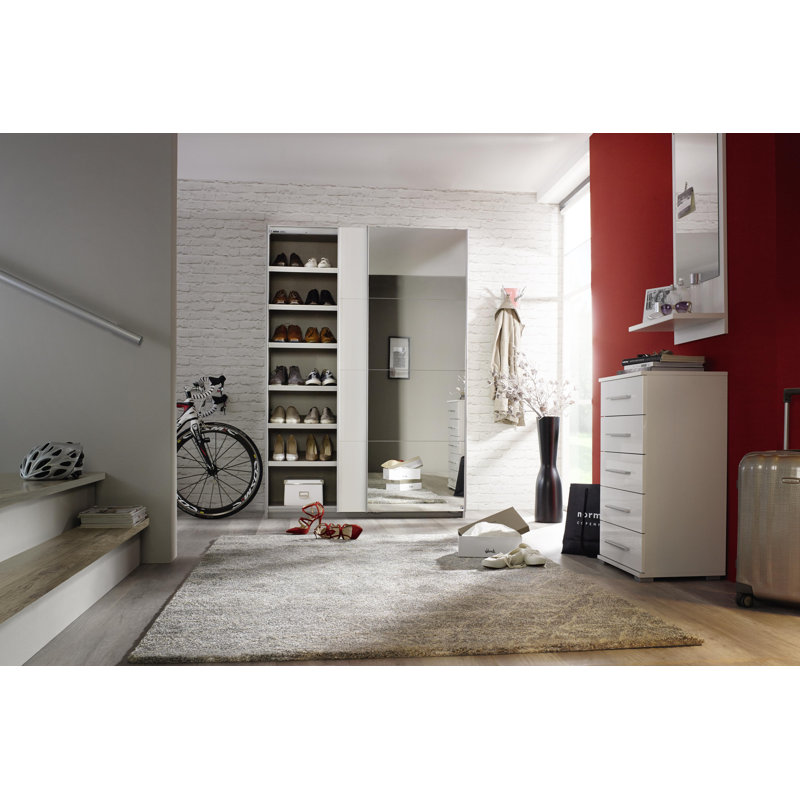 Minosa 2 Door Sliding Wardrobe, 197cm H x 181cm W x 48cm D, Basic: 7 shelves, 1 clothes rail (pull-out clothes