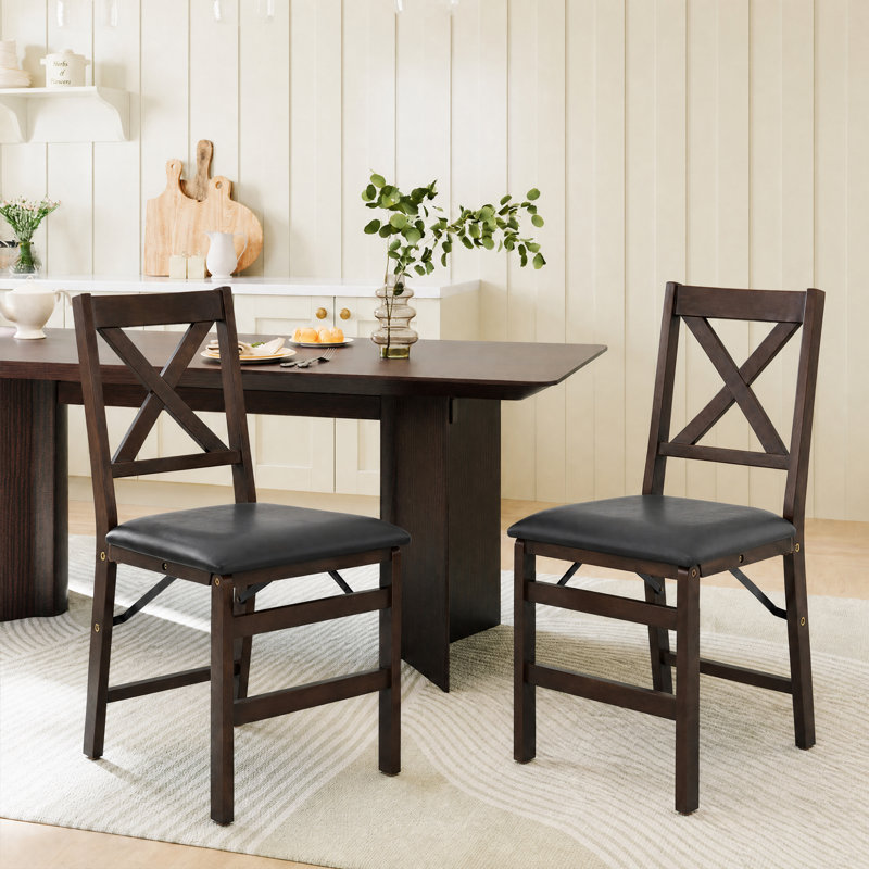 Padded Stackable Folding Dining Chairs with Solid Wood Frame, Dark Brown Frame / Black Seat