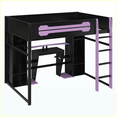 Lit mezzanine en bois massif avec rangement, lumières DEL et chargement USB mauve pour le salon de la chambre à coucher