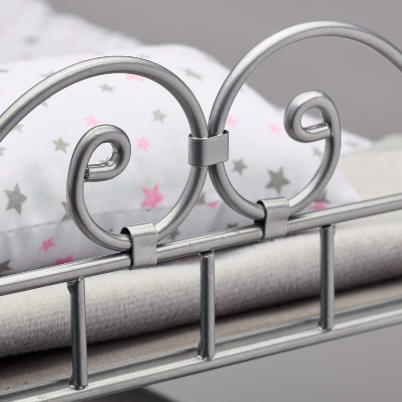 Silver Triple Doll Bunk Bed with Pink Star Bedding and Ladder