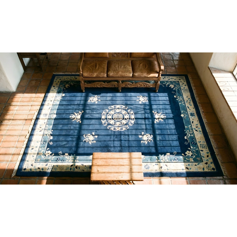 Antique Peking Chinese Floral, Medallion Navy 1900s Rug