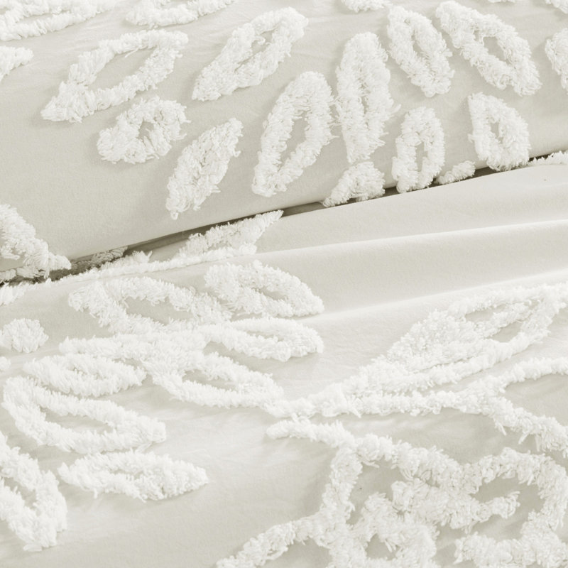 Édredon en chenille à motif floral, Édredon très grand et 2 taies décoratives, Blanc cassé