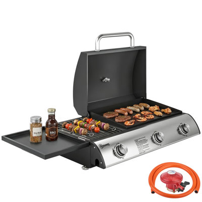 Outsunny 3 Burner Portable Gas Plancha BBQ Grill 7.5 kW with Griddle Black