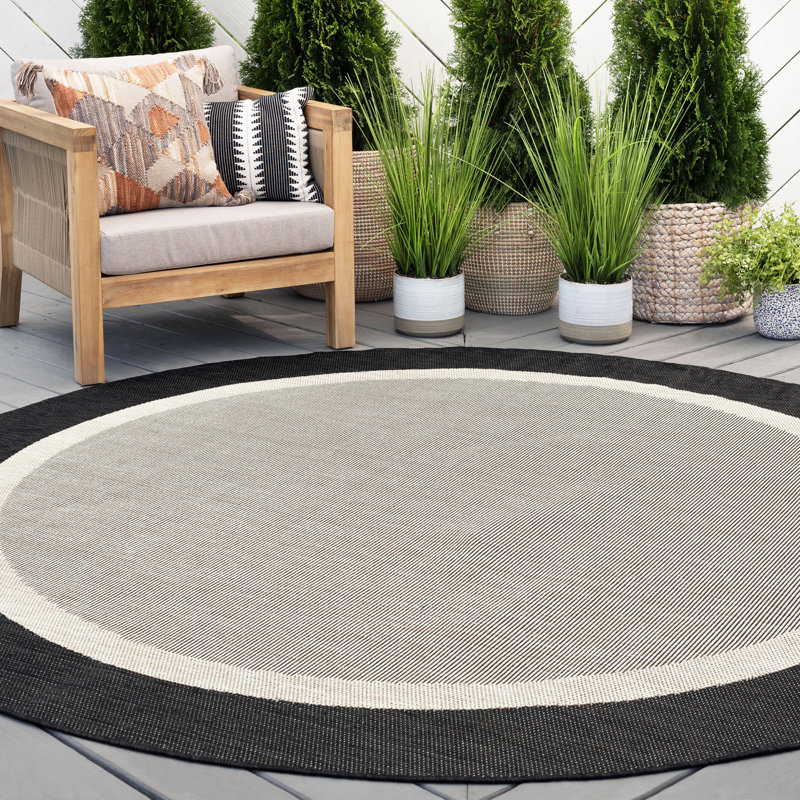 Tapis intérieur / extérieur noir / crème Kasuri, Rond 7 pi 10 po