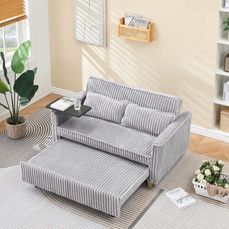 The Pull-Out and Push-In Corduroy Sofa with Dual Functions, Equipped with a Movable Tabletop and Usb Ports, is Suitable for Use in Living Rooms and Bedrooms