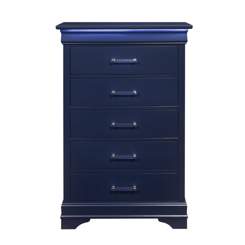 Commode à cinq tiroirs en bois massif avec éclairage DEL Creshawn, Bleu