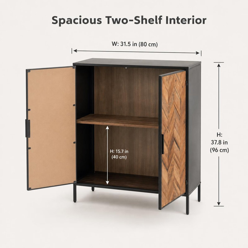 Meuble d'appoint industriel à 2 portes, buffet avec structure en métal noir mat et portes en bois recyclé fabriquées à la main, idéal pour le salon, la cuisine ou l'entrée.