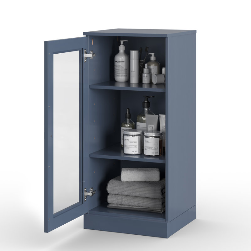 Armoire de salle de bain 100% bois massif 16,5 po avec porte en verre transparent et tablettes réglables, Bleu antique