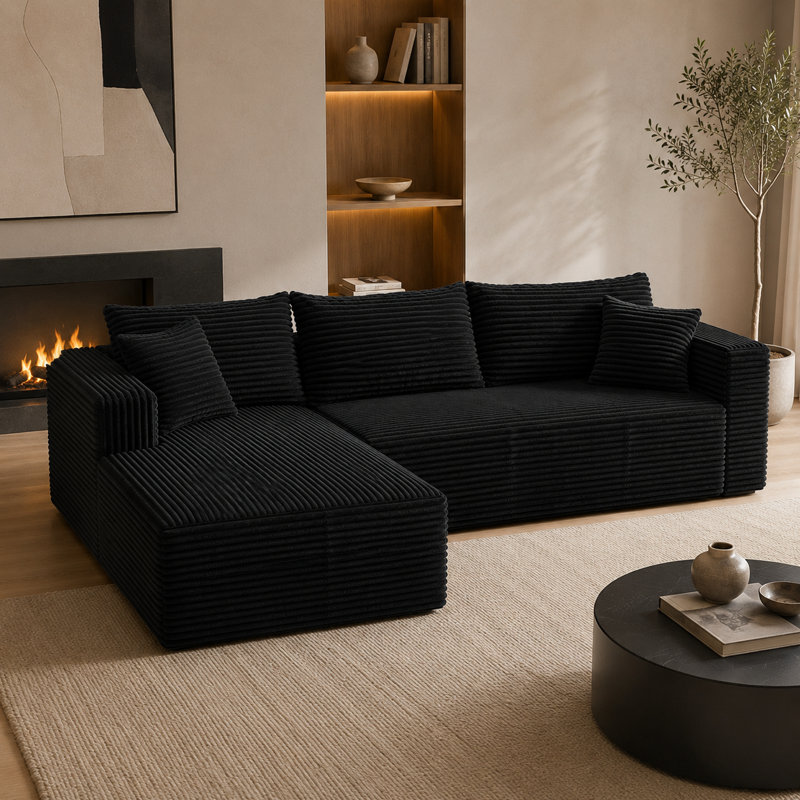 Canapé modulaire en L, tissu velours côtelé, sans assemblage, poche latérale, noir, pour le salon