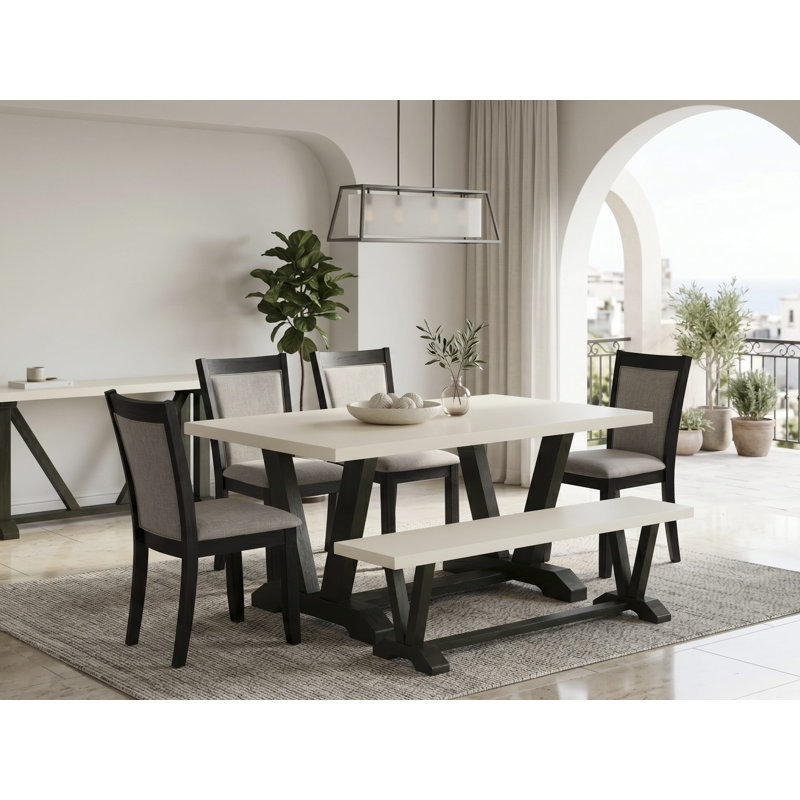 Ensemble de 7 pièces composé d'une table à manger moderne en lin blanc et de 6 chaises de salle à manger en tissu de lin gris foncé Gotham avec dossier élégant - Finition noire brossée 