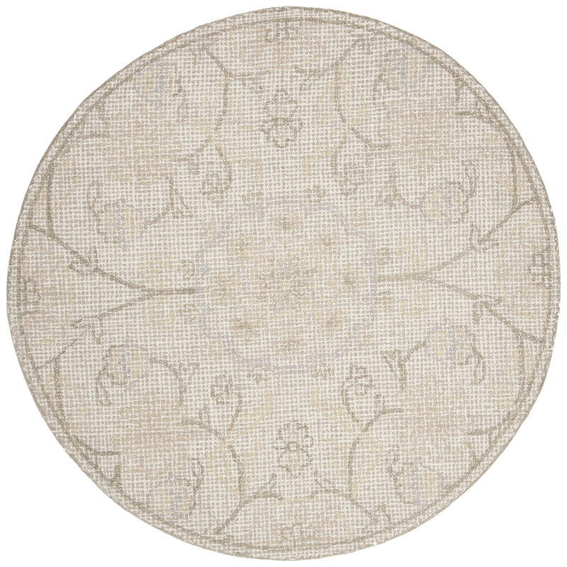 Tapis gris clair / ivoire en laine touffeté à la main à motif floral Sulema, Rond 6 pi