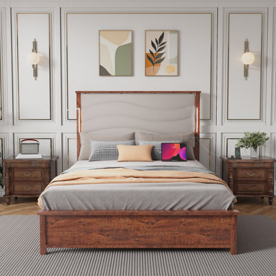 Lit moderne, cadre de lit avec tête de lit tapissier, cadre de lit avec station de charge et lumières DEL, lattes de bois, lin beige, aucun sommier requis, assemblage facile