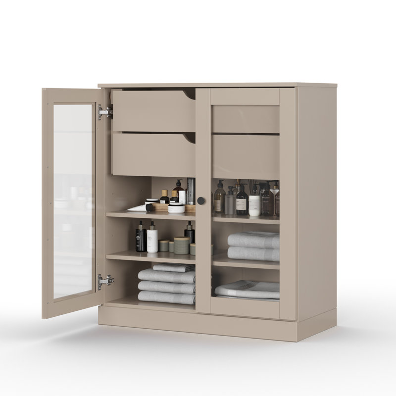 Palace Imports 100% Solid Wood Bathroom Storage Cabinet, Clear Glass Doors, 2 Drawers, Adjustable Shelves, 32" Wide, 35.75" Tall
