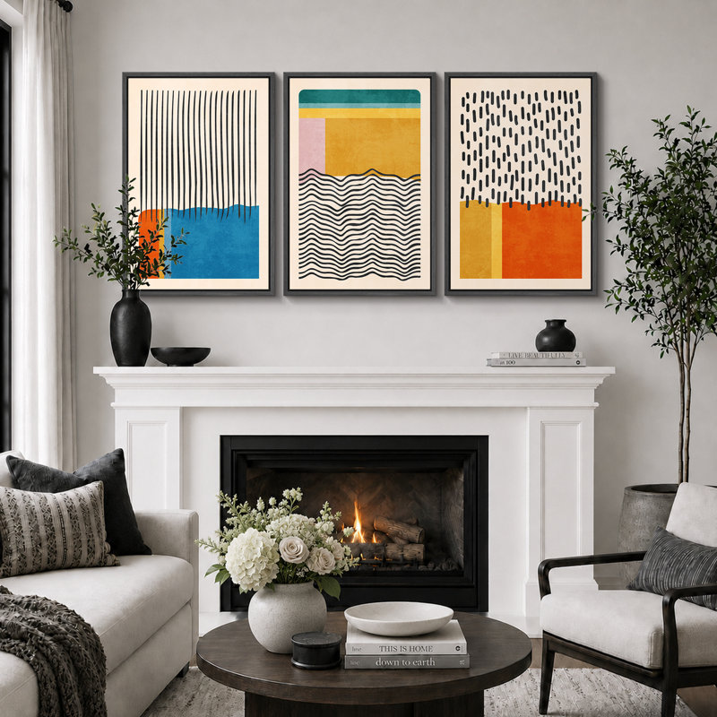 «Abstract Vibrant Color Blocks», œuvre d'art moderne de style Mid-Century, images murales multicolores géométriques, ensemble de 3 impressions sur toile encadrées