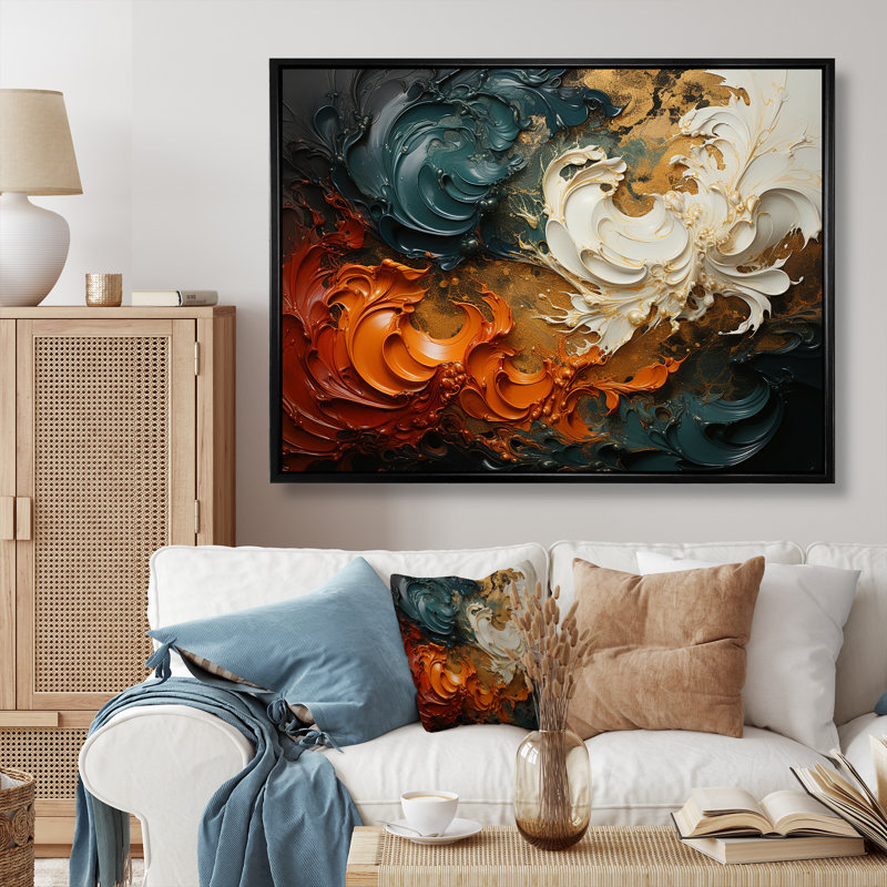 Orange et vagues ondulées oranges et mélodie II - art mural abstrait, Cadre flottant noir, H 24 po x l 32 po x P 1 po