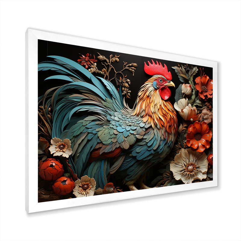 Art mural coq moderne avec coq moderne, Cadre de coin blanc fermé, H 24 po x l 32 po x P 1 po