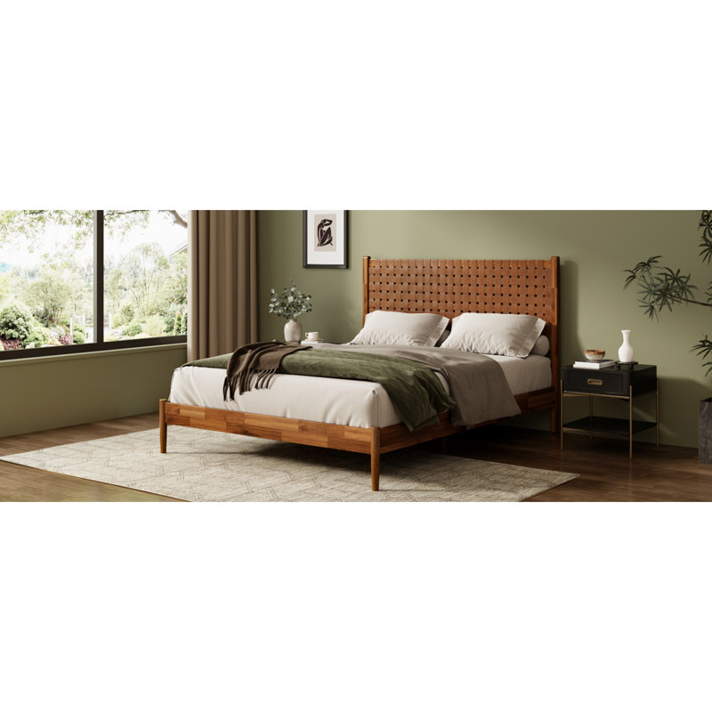 Lit plateforme en bois d'acacia massif avec tête de lit en cuir végétalien tissé à la main, cadre de lit de style Mid-Century moderne, aucun sommier nécessaire, couleur caramel