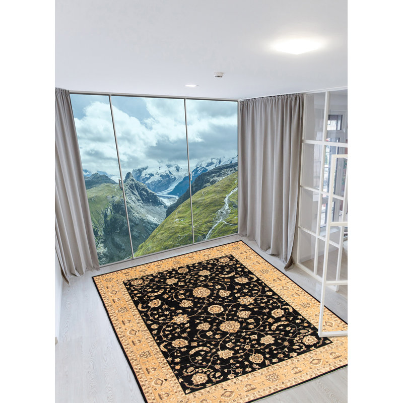 Tapis noir en laine noué à la main de conception unique 10 pi x 13 pi 6 po New Age