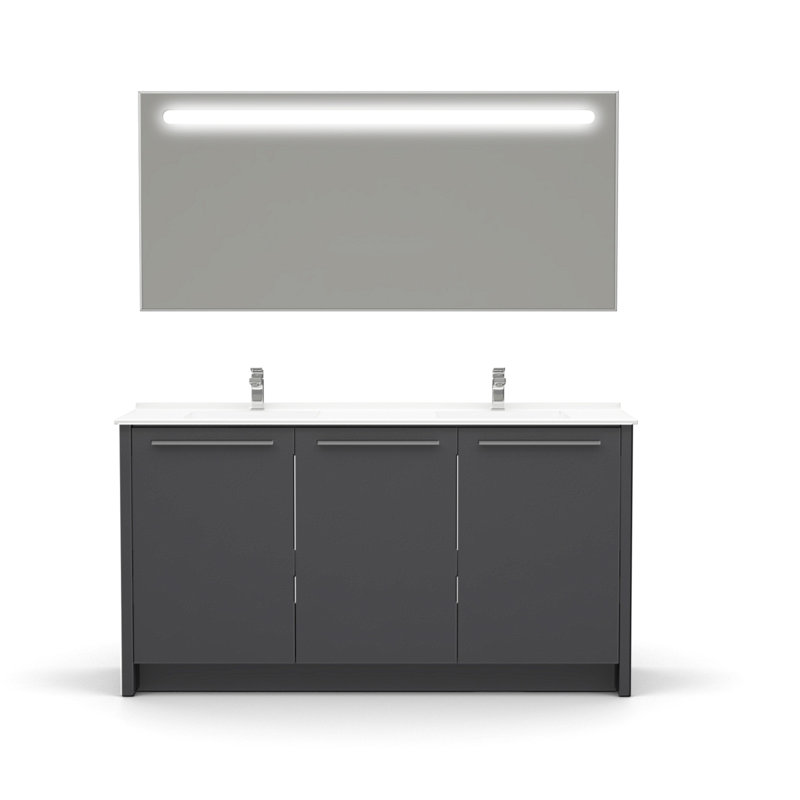 Ensemble de meuble-lavabo double 63 po avec miroir Tornillo, Gris lustré